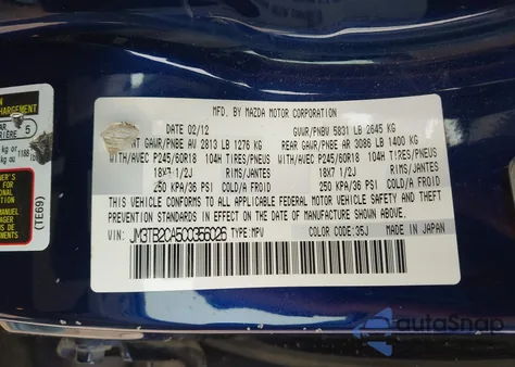 2012 Mazda Cx-9 Touring z USA, uszkodzony, nr VIN JM3TB2CA5C0356026